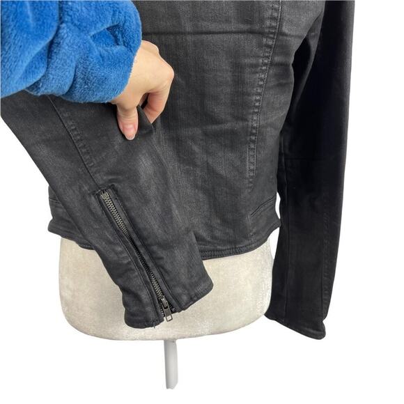 Free People Drape Front Coated Waxed Denim Moto Cropped Jacket Black Zip Cuffs 4 - Picture 13 of 14